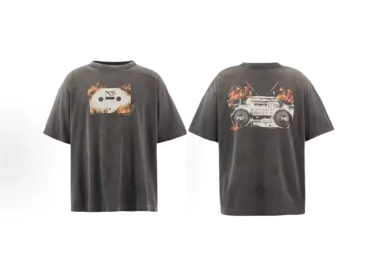 Saint Michael Burning Cassette & Boombox Graphic Vintage  T-Shirt - Black