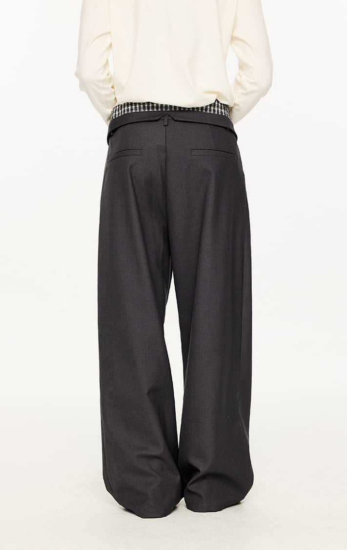 Fold-Over Plaid Pattern Waist Pleated Pants