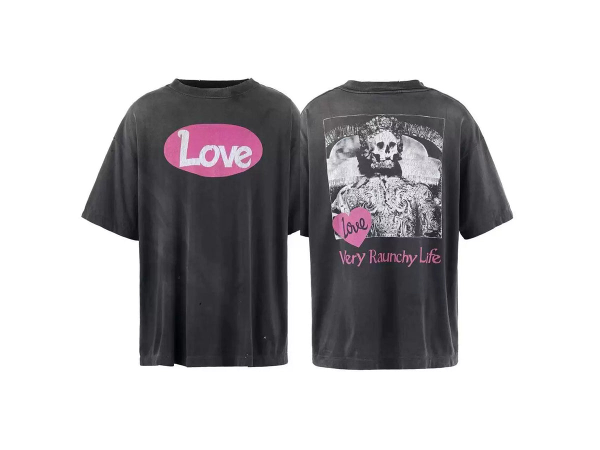Saint Michael "Love" Oval & Skeleton Graphic Vintage T-Shirt - Black
