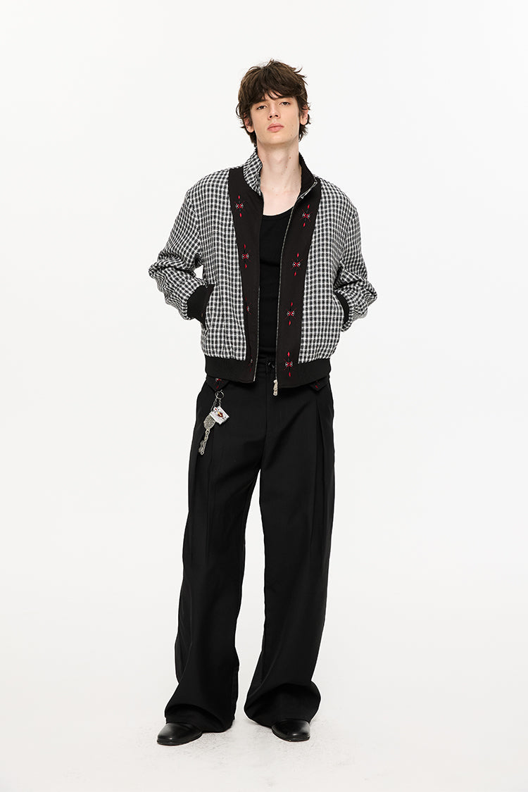 Fold-Over Plaid Pattern Waist Pleated Pants
