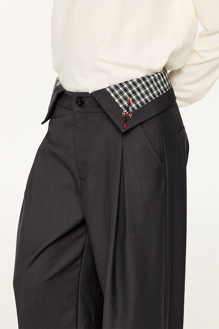 Fold-Over Plaid Pattern Waist Pleated Pants