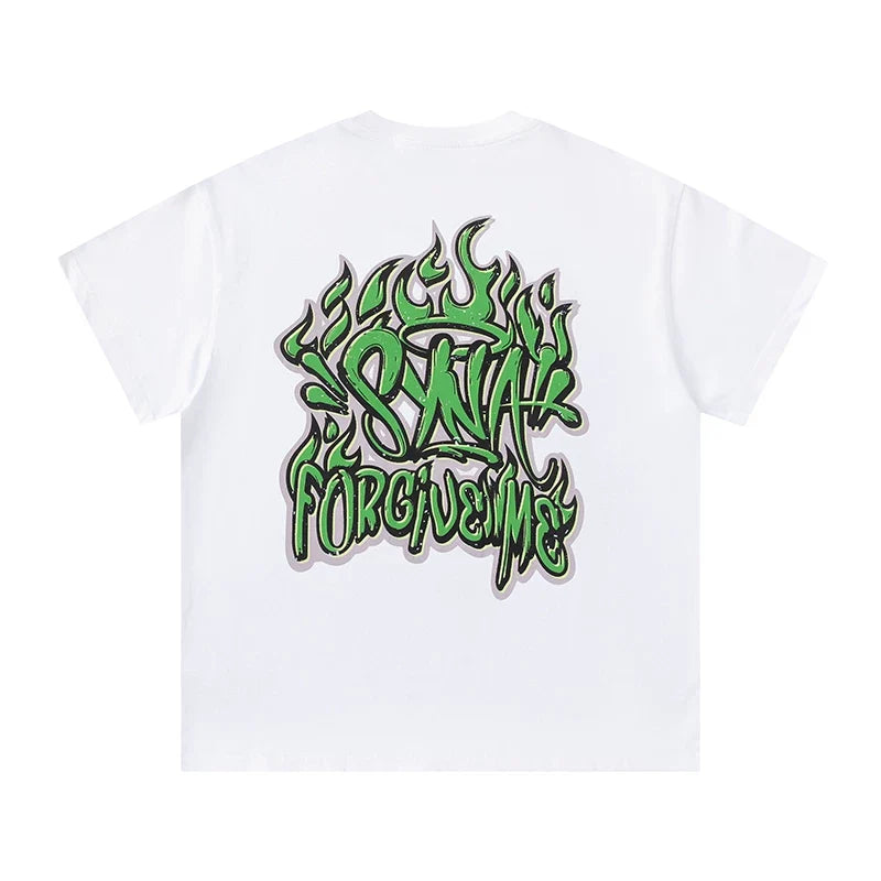 Syna World Green Flame Graffiti "Forgive Me" Oversized Tee (White / Green)