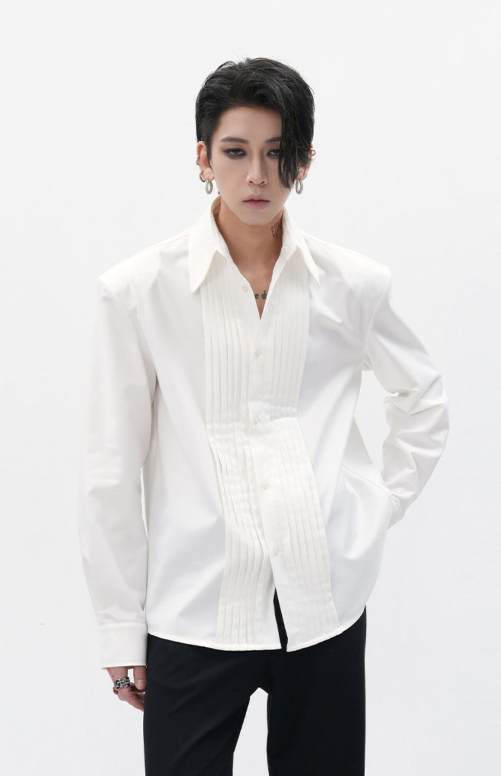Boxy Pleated Front Pointed Collar Tuxedo Shirt