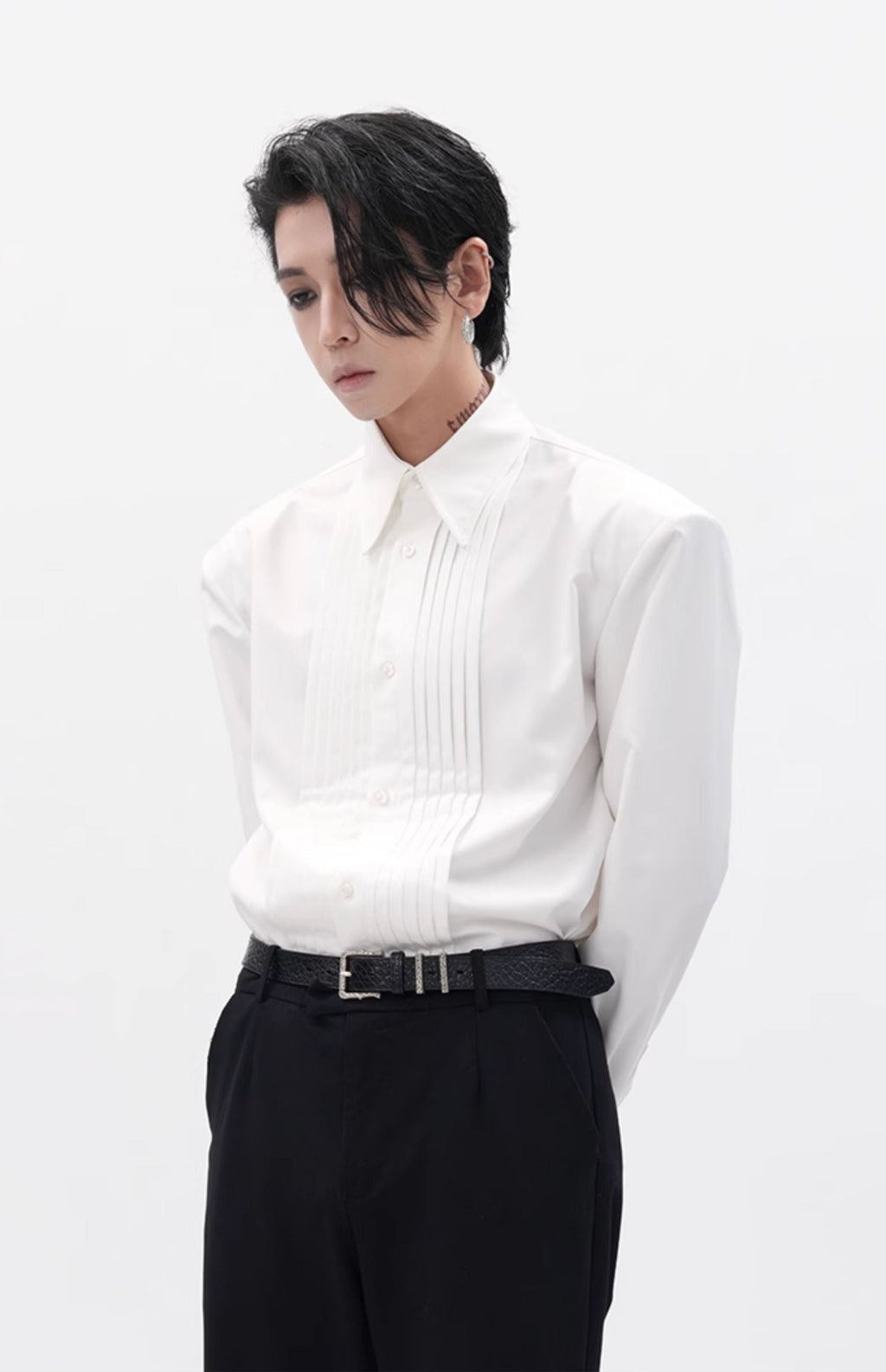 Boxy Pleated Front Pointed Collar Tuxedo Shirt