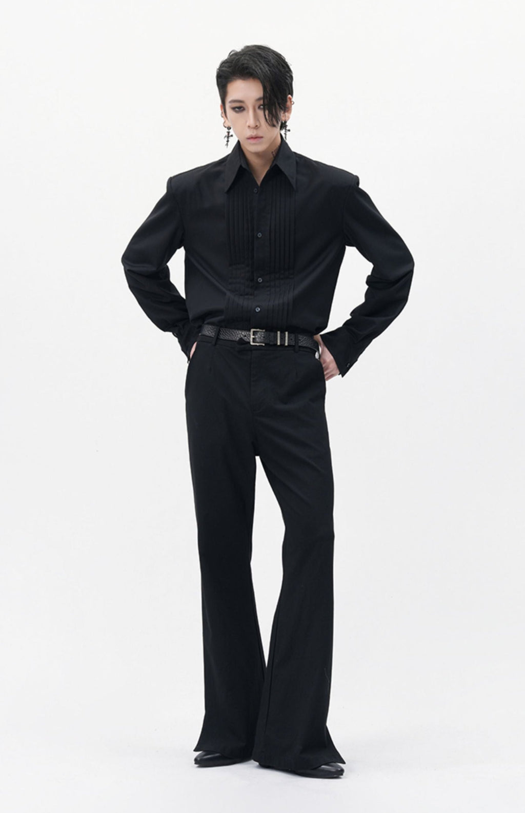 Boxy Pleated Front Pointed Collar Tuxedo Shirt