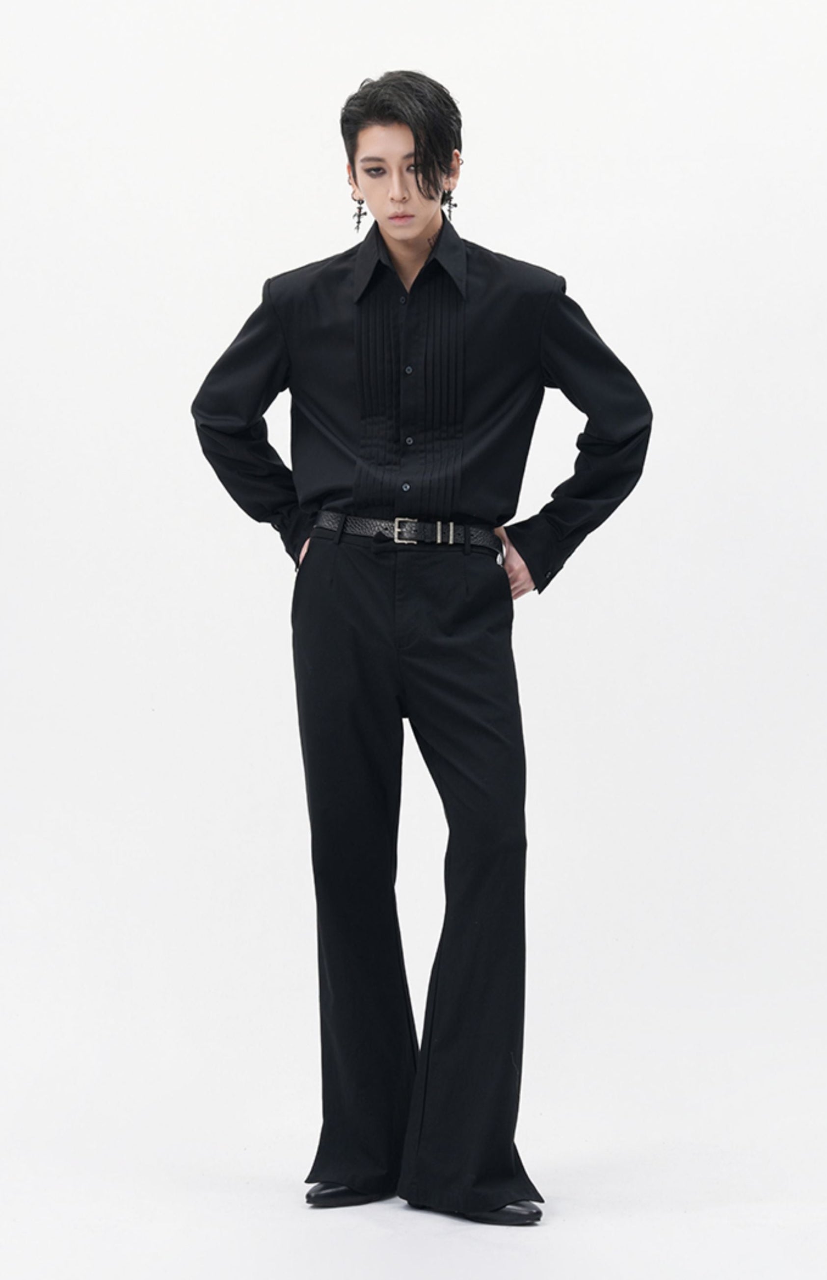 Boxy Pleated Front Pointed Collar Tuxedo Shirt