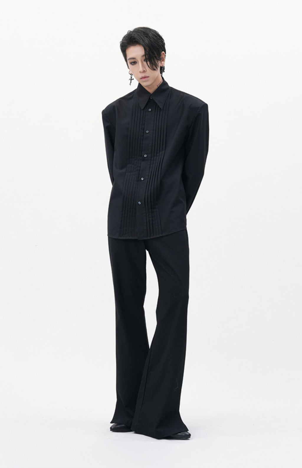 Boxy Pleated Front Pointed Collar Tuxedo Shirt