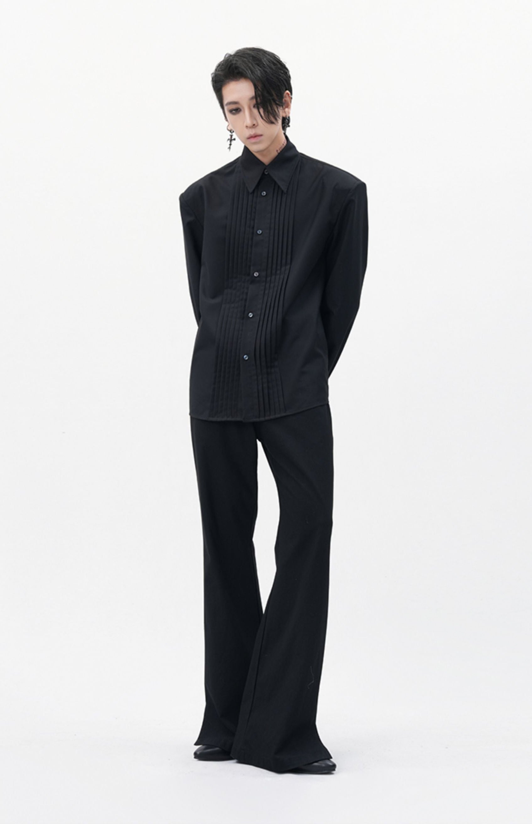 Boxy Pleated Front Pointed Collar Tuxedo Shirt