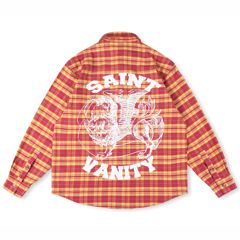 Saint Vanity Tiger Graphic Plaid Flannel Shirt - Red/Yellow