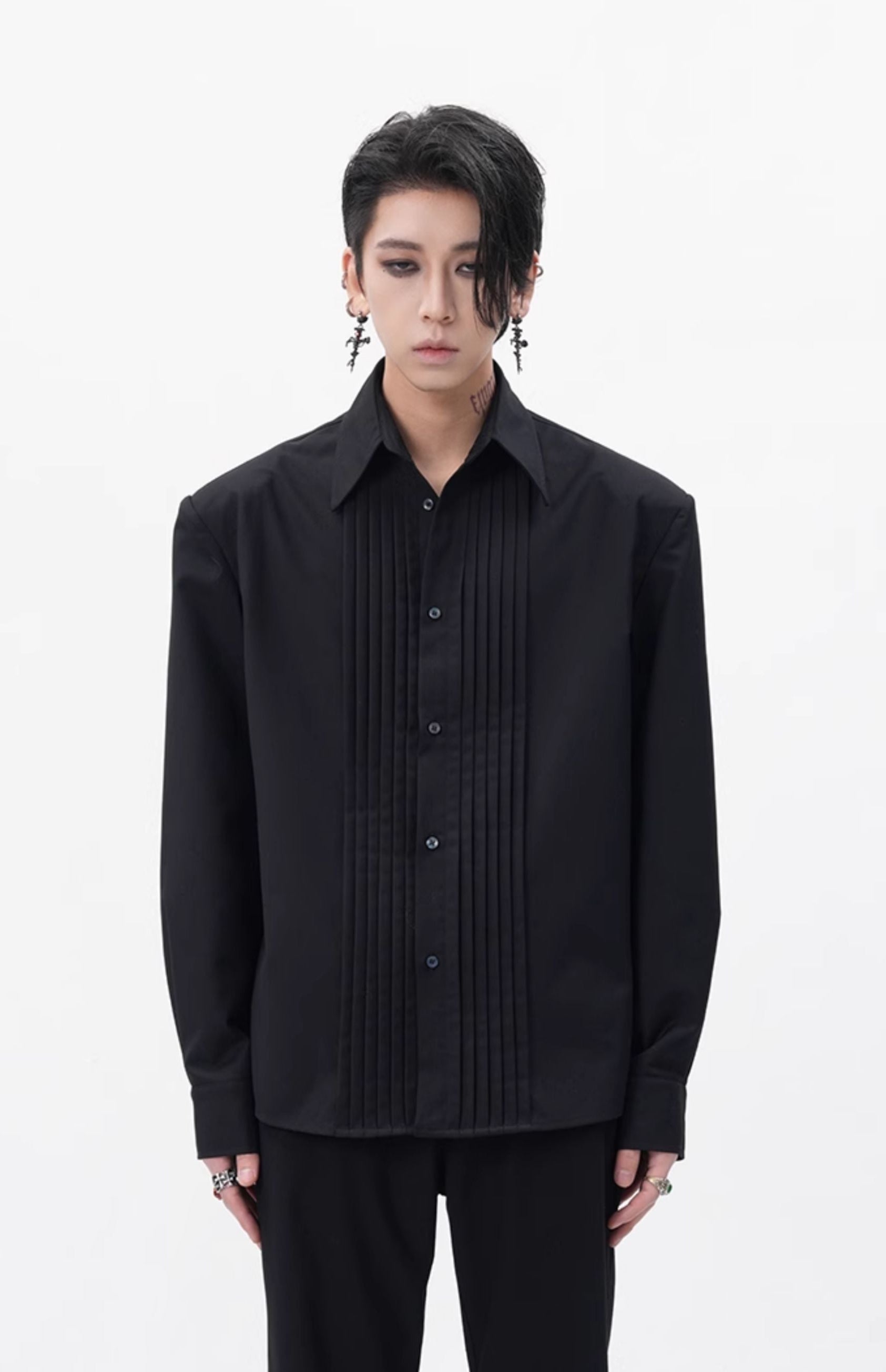Boxy Pleated Front Pointed Collar Tuxedo Shirt