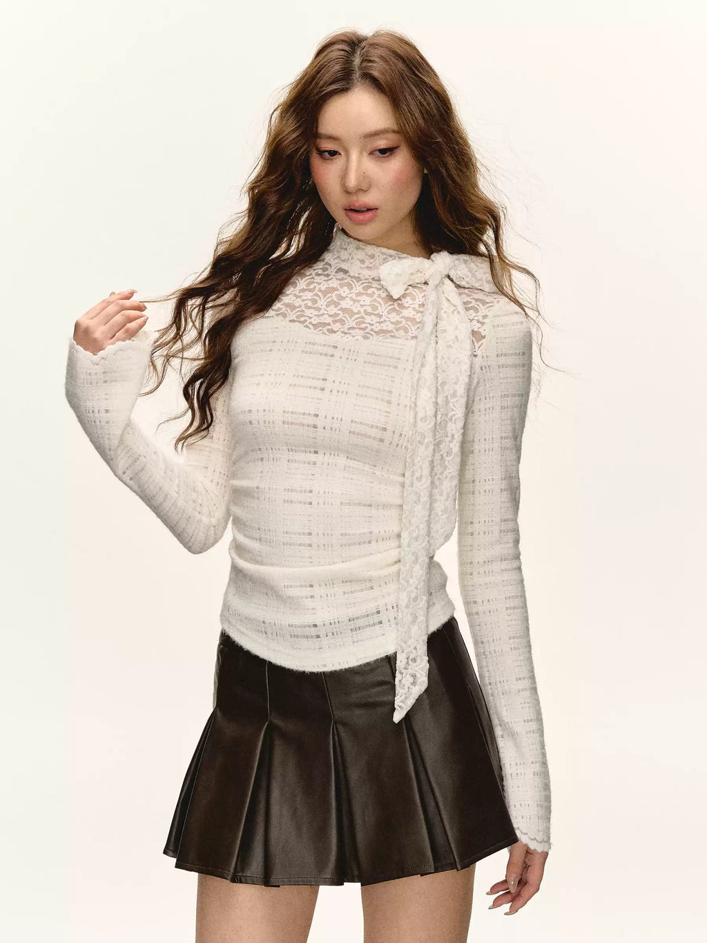 Sheer Lace Lace Plaid Knit Top with Neck Tie