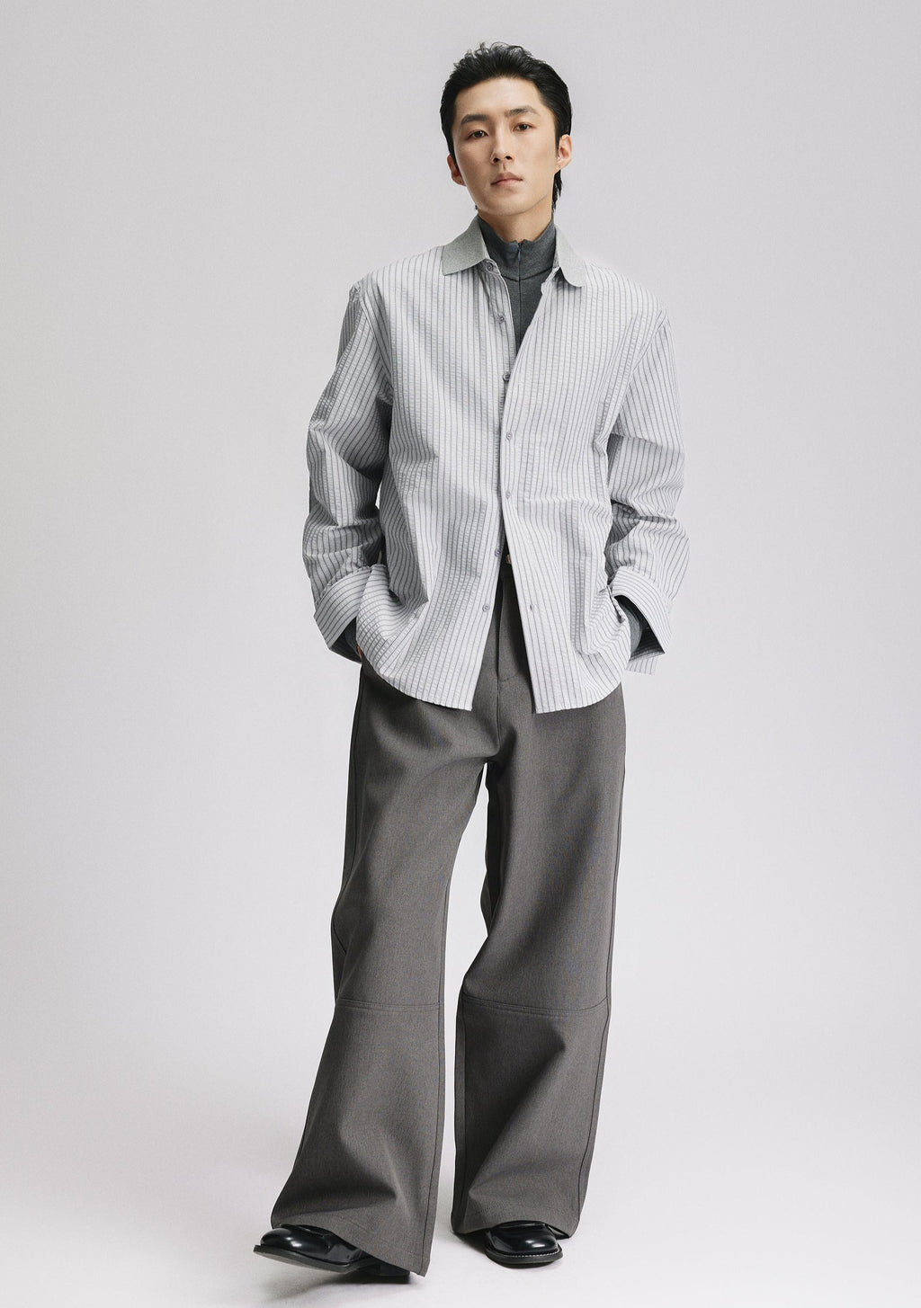 Contrast Collar Pinstripe Long Sleeve Button Shirt