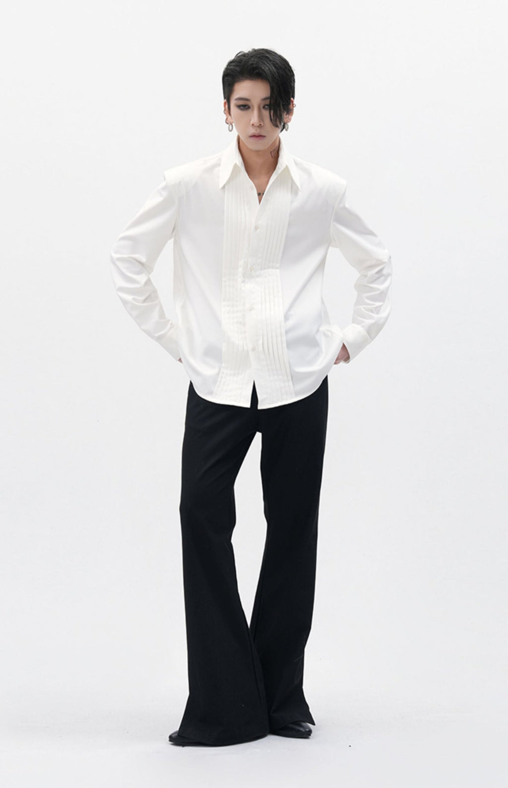 Boxy Pleated Front Pointed Collar Tuxedo Shirt