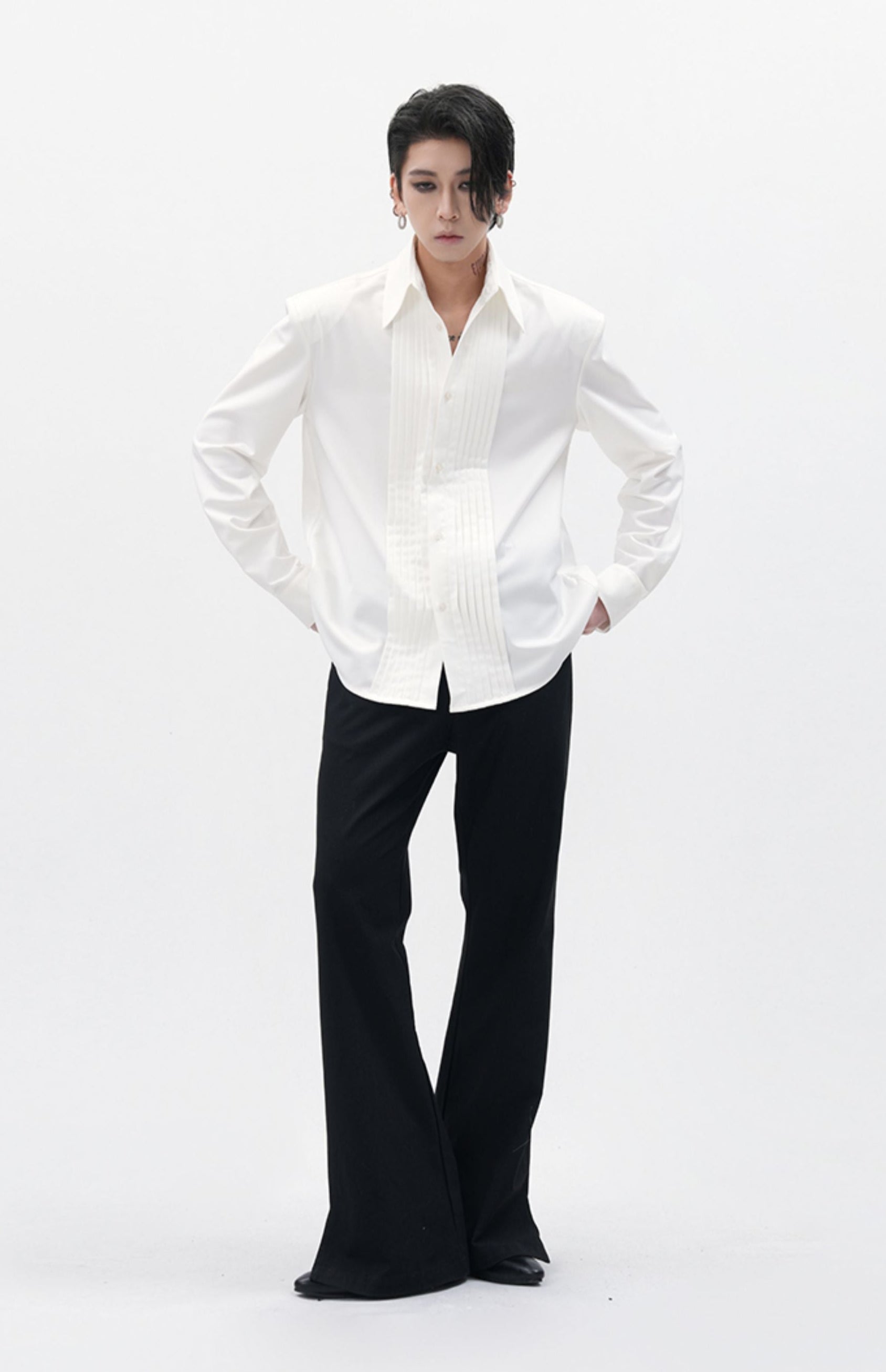 Boxy Pleated Front Pointed Collar Tuxedo Shirt