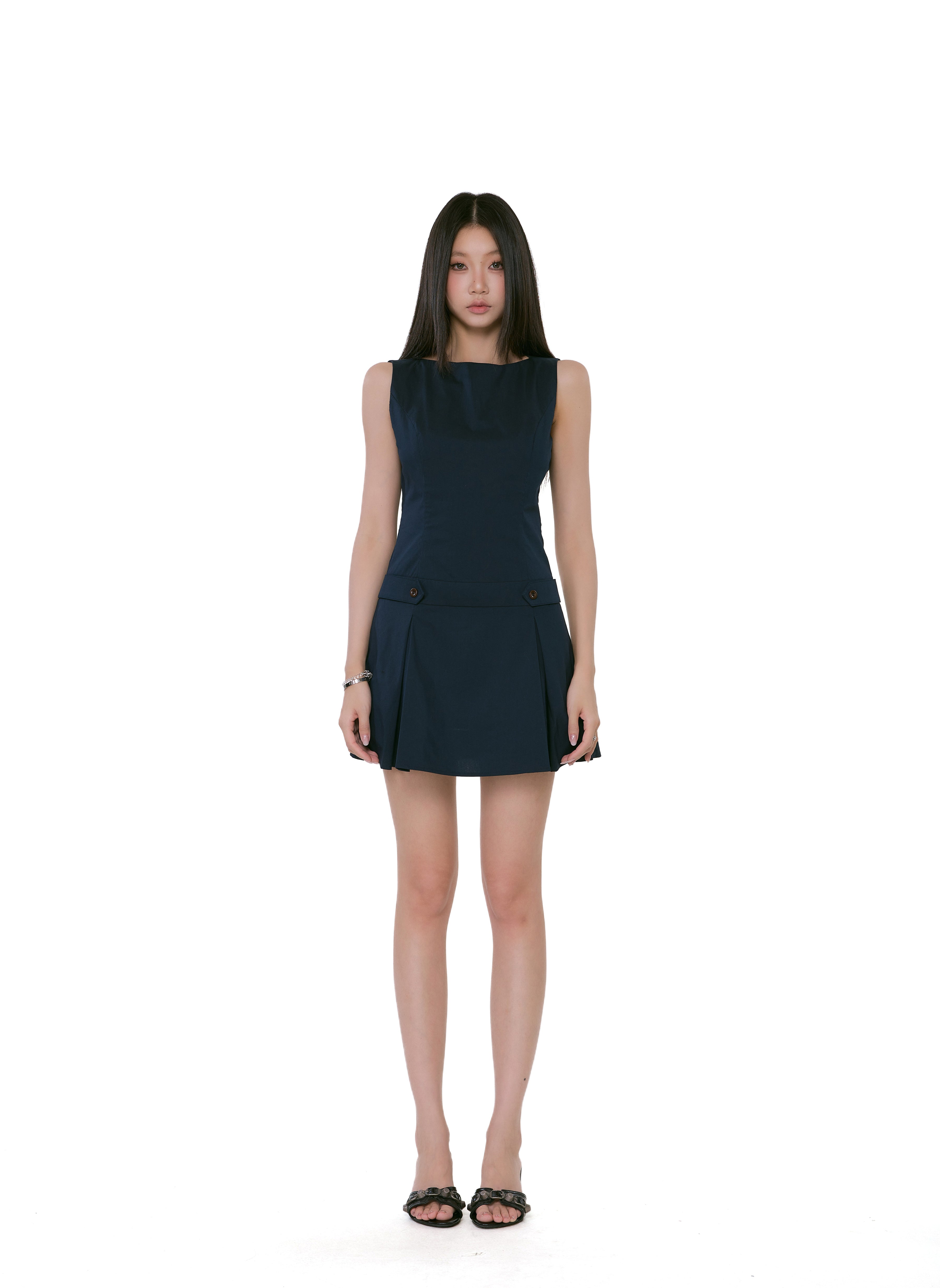 Sleeveless Pleated Mini Dress with Button Detail