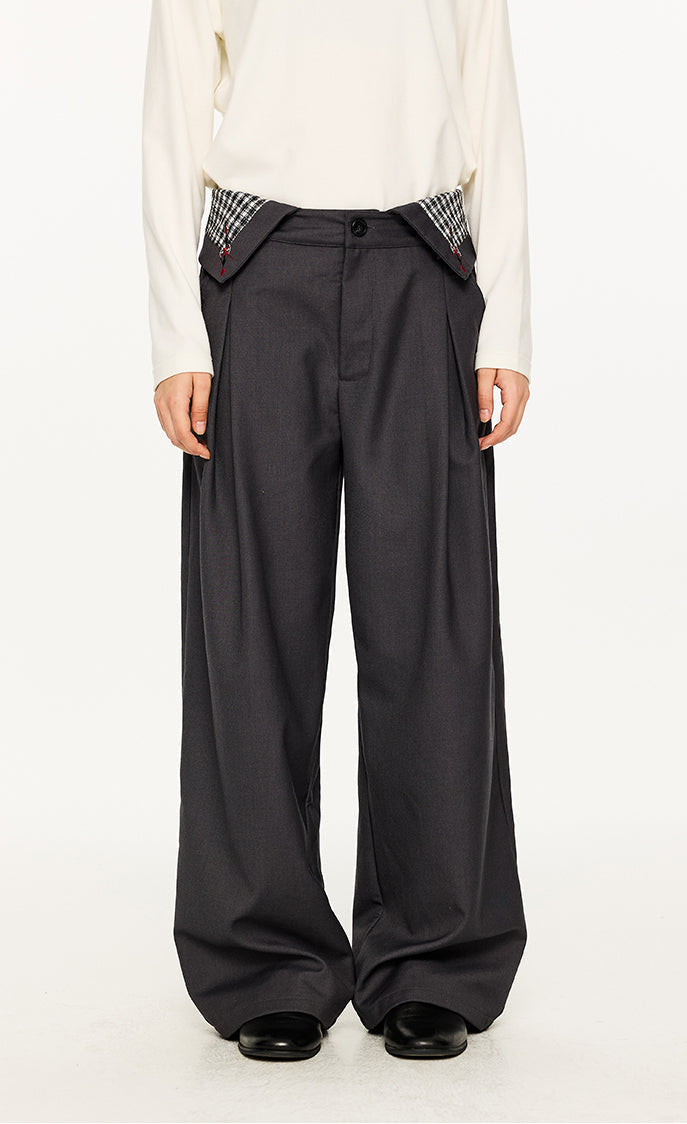 Fold-Over Plaid Pattern Waist Pleated Pants