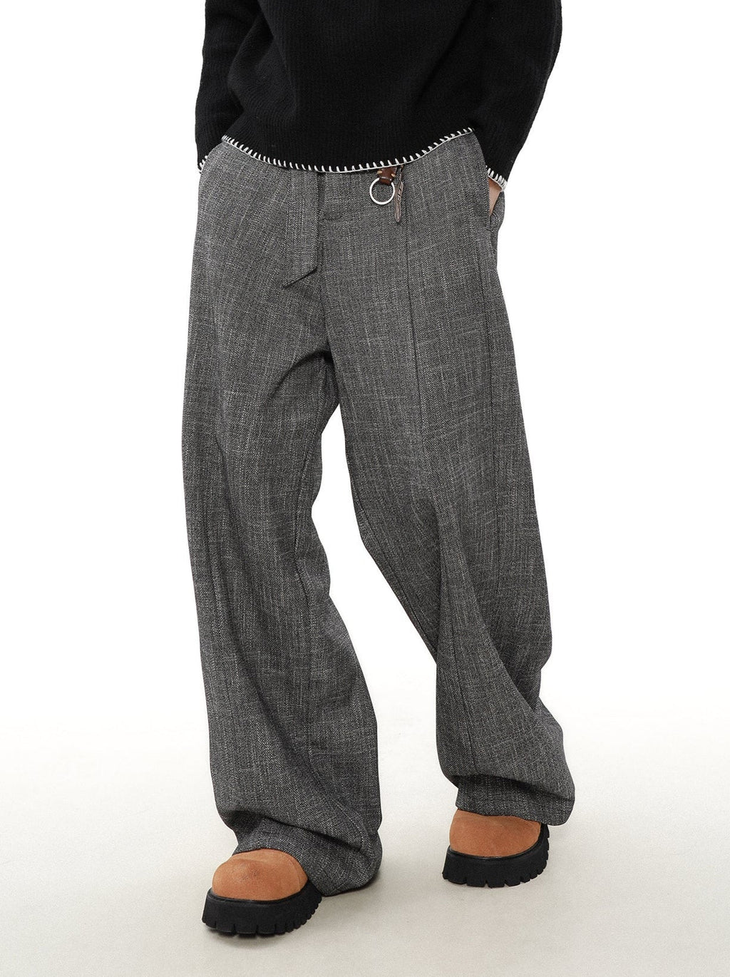 Wide Leg Textured Trousers with Strap Belt