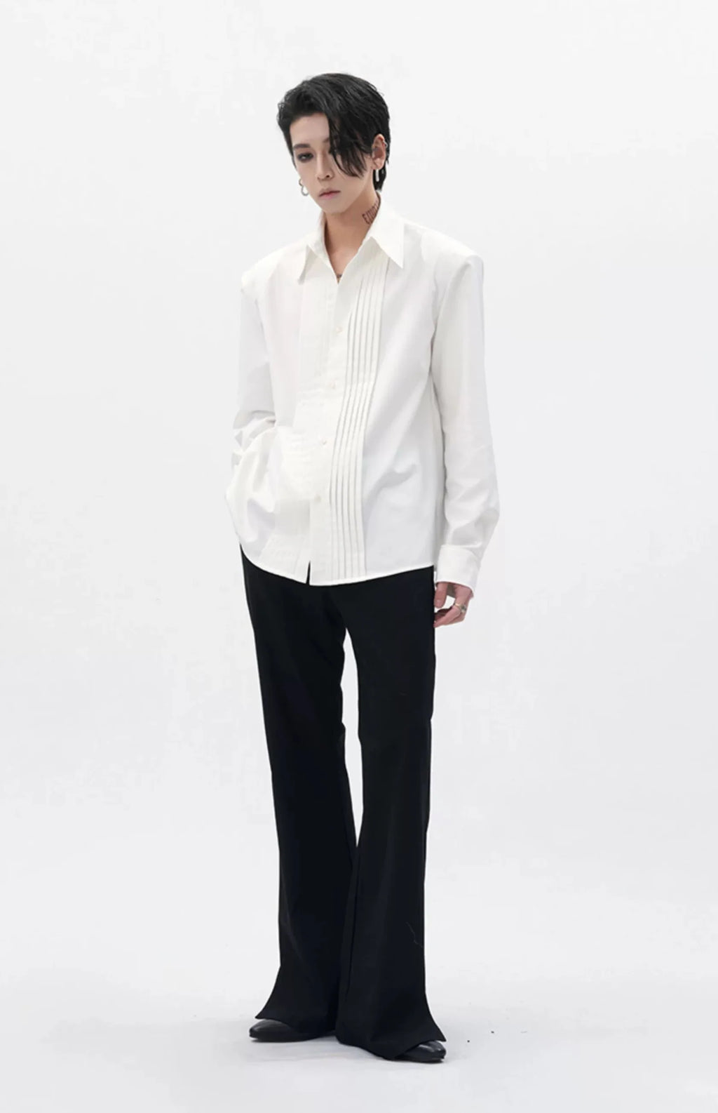 Boxy Pleated Front Pointed Collar Tuxedo Shirt