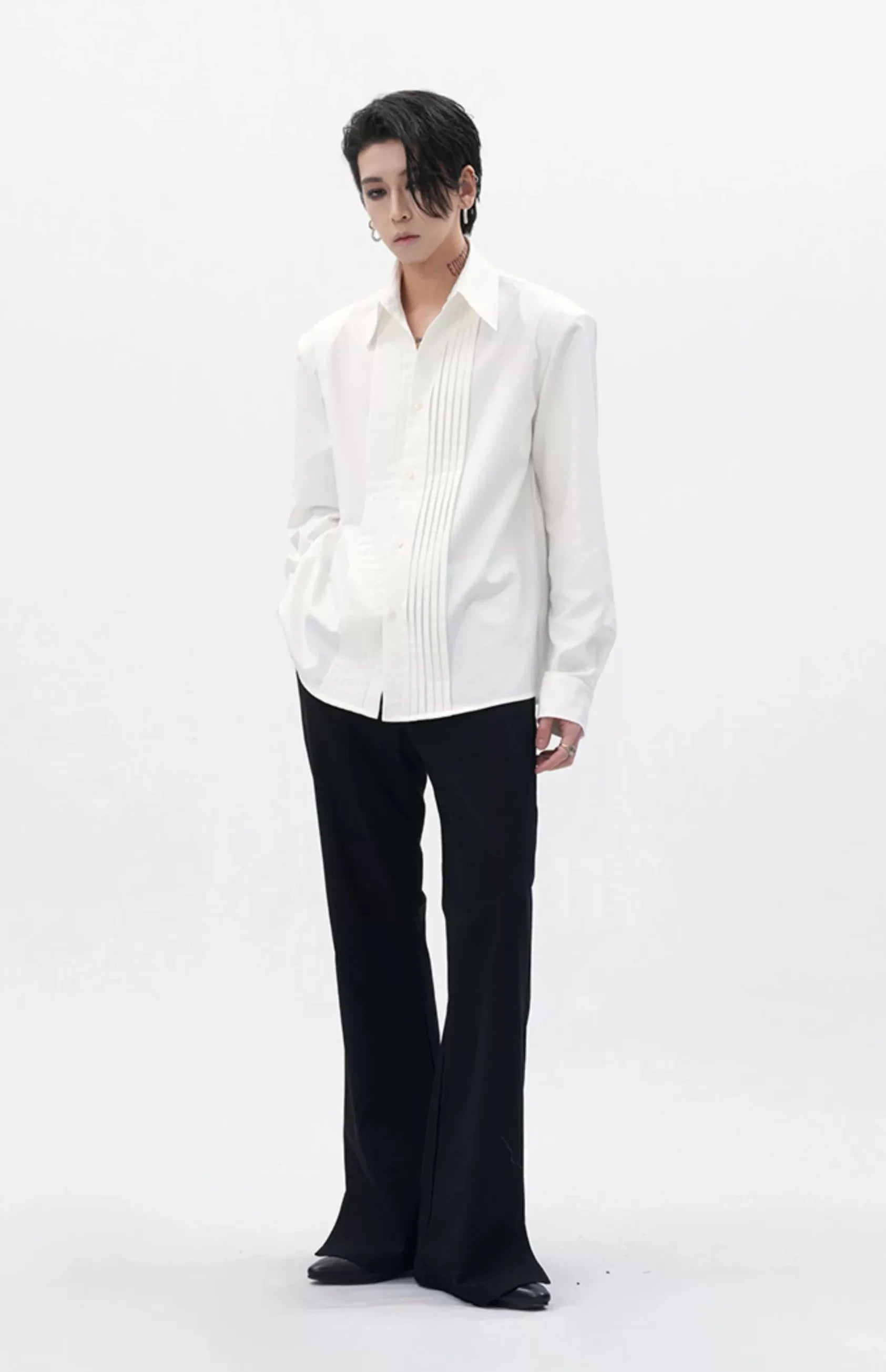 Boxy Pleated Front Pointed Collar Tuxedo Shirt