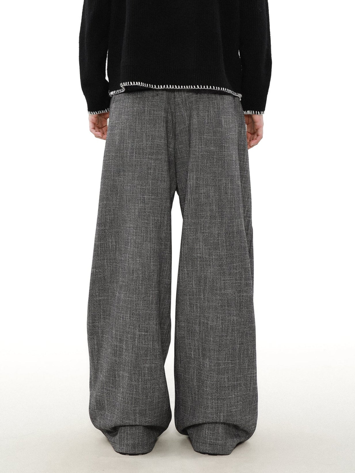 Wide Leg Textured Trousers with Strap Belt