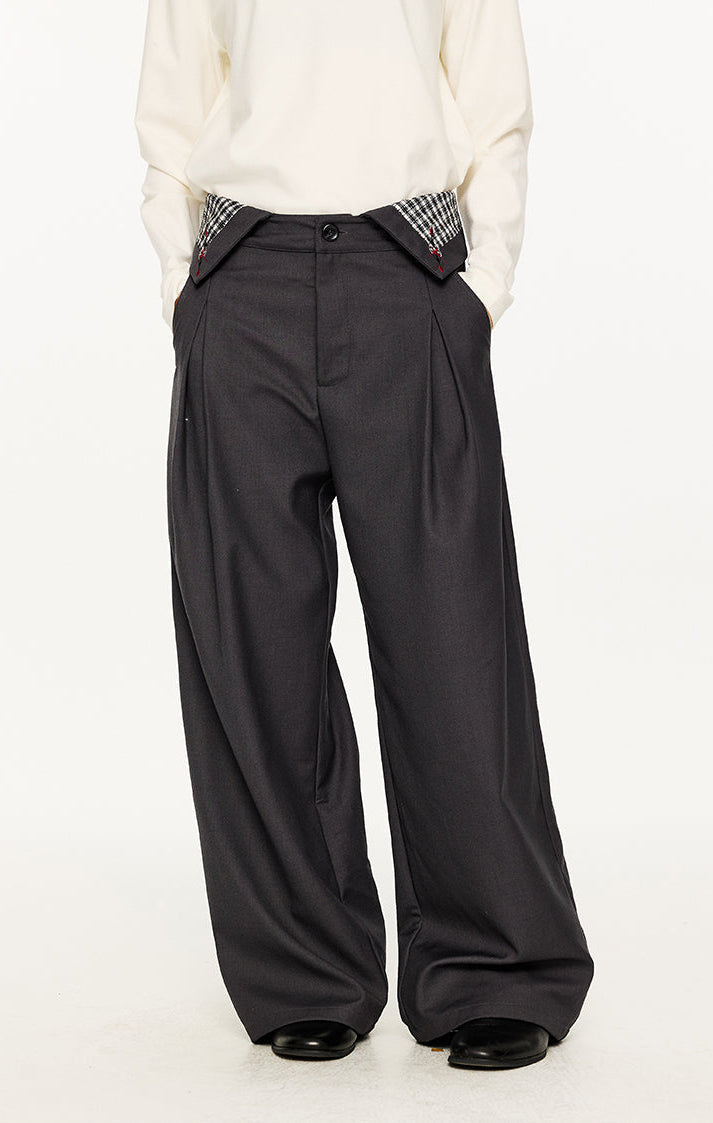 Fold-Over Plaid Pattern Waist Pleated Pants