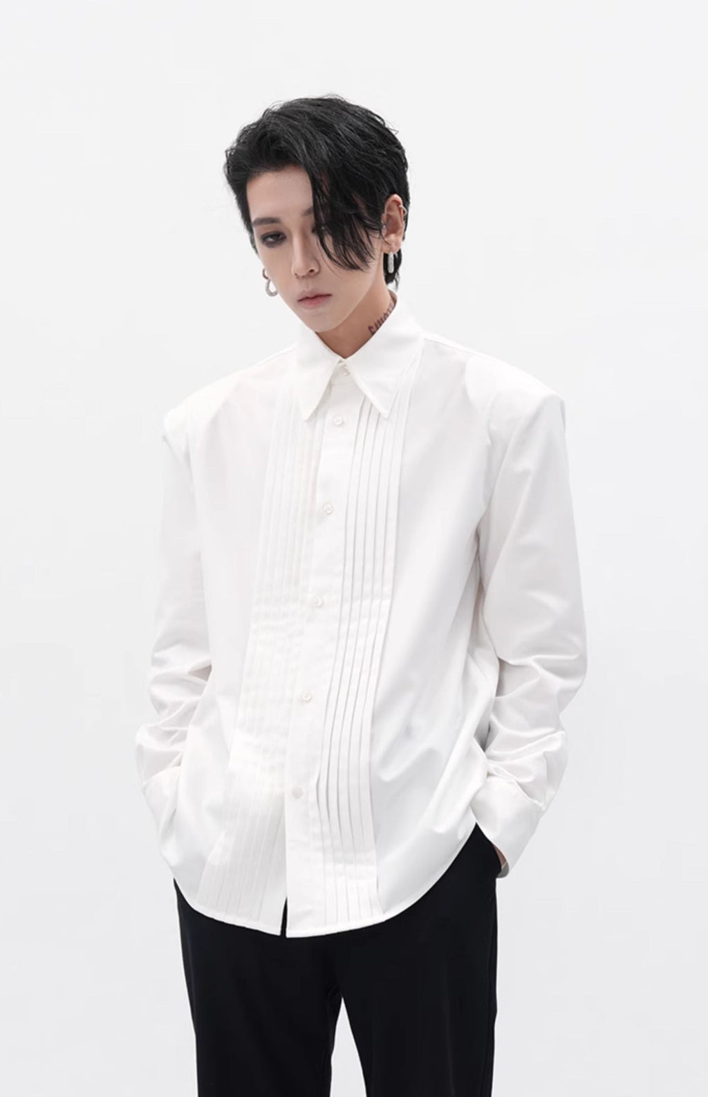 Boxy Pleated Front Pointed Collar Tuxedo Shirt