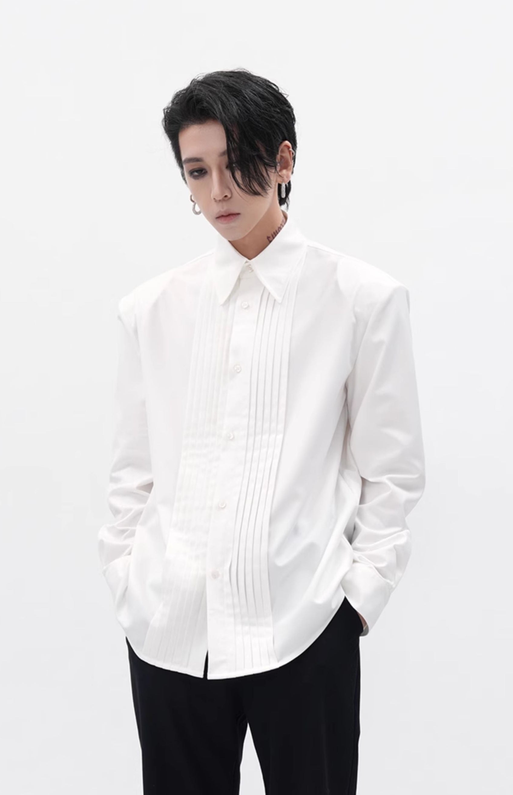 Boxy Pleated Front Pointed Collar Tuxedo Shirt