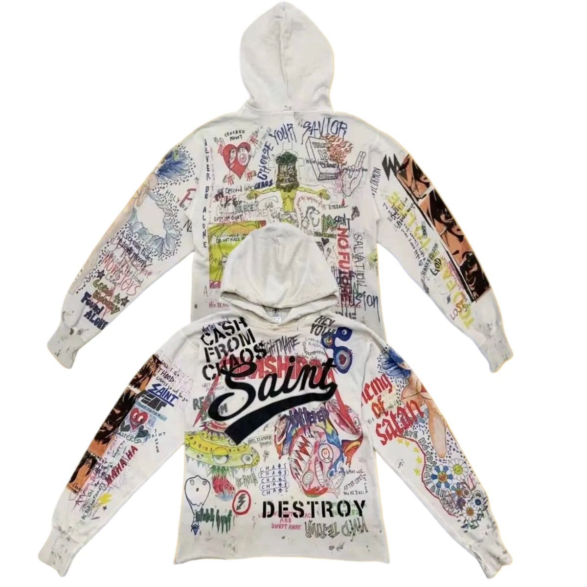 Saint Michael All-Over Graffiti Print "SAINT" Hoodie - Off-White