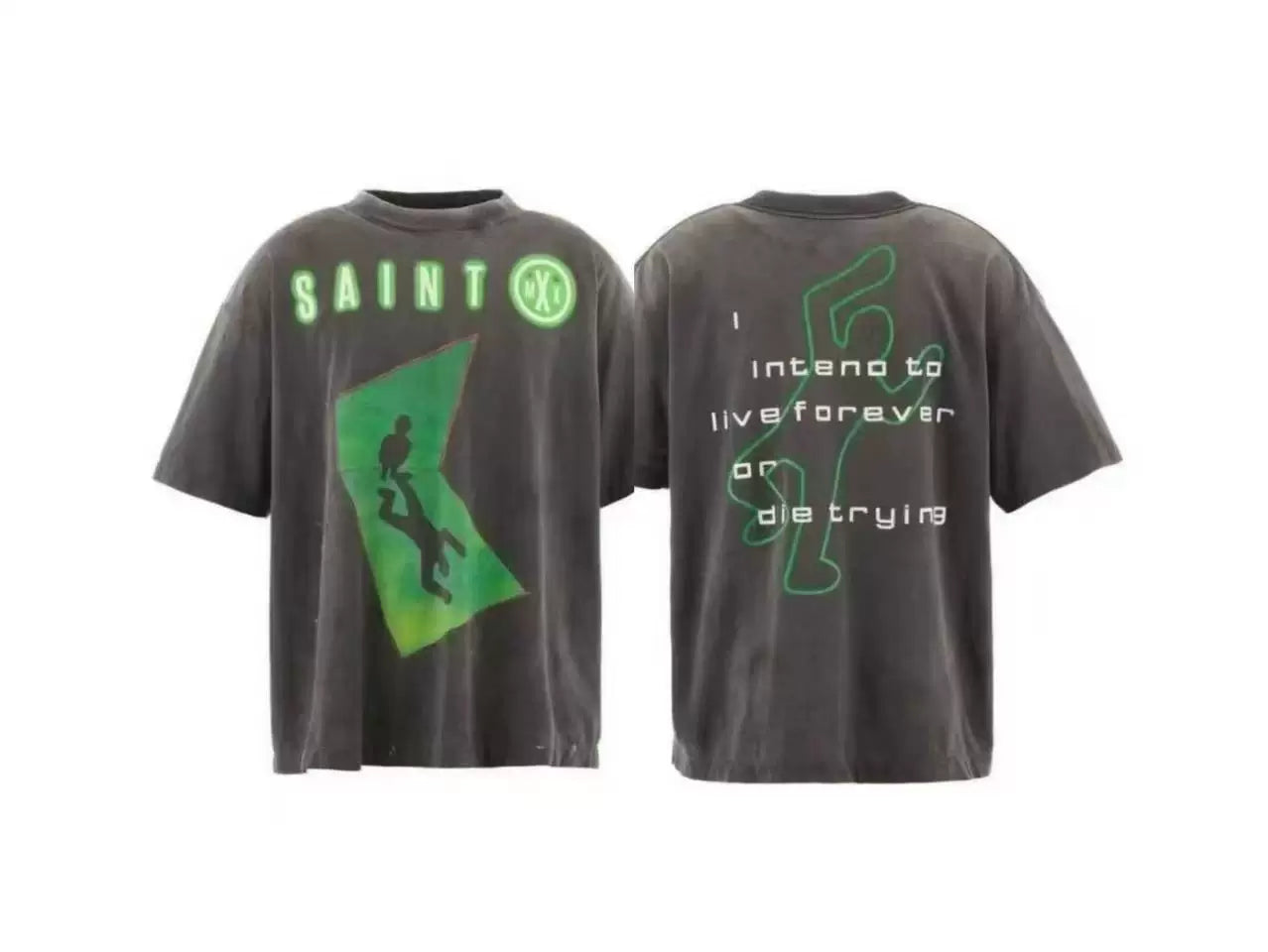 Saint Michael Neon Figure Graphic Vintage  T-Shirt - Black/Green