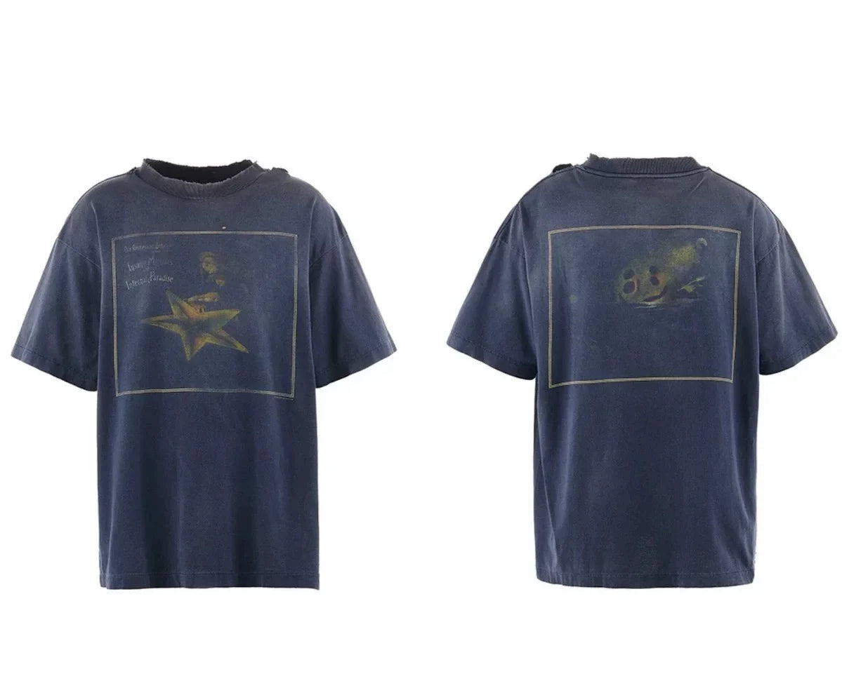 Saint Michael Star Frame Graphic Vintage T-Shirt - Blue