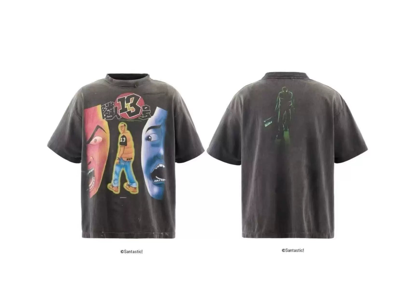 Saint Michael "13" & Multi-Face Graphic Vintage  T-Shirt - Black