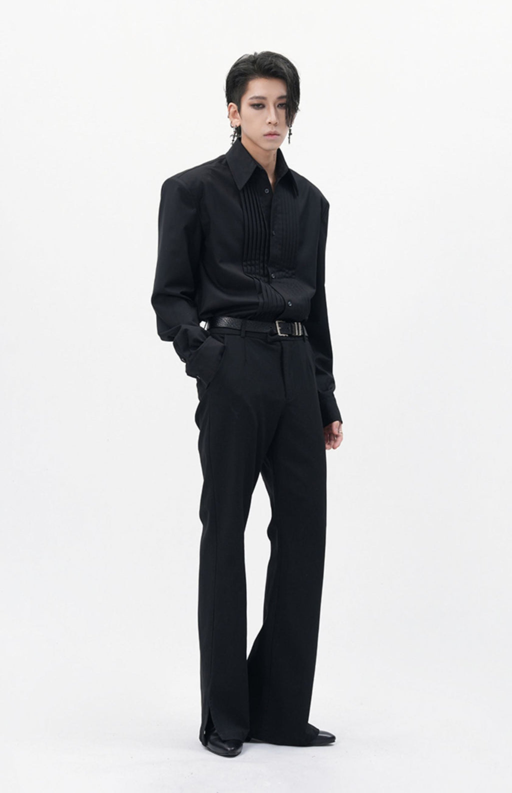 Boxy Pleated Front Pointed Collar Tuxedo Shirt