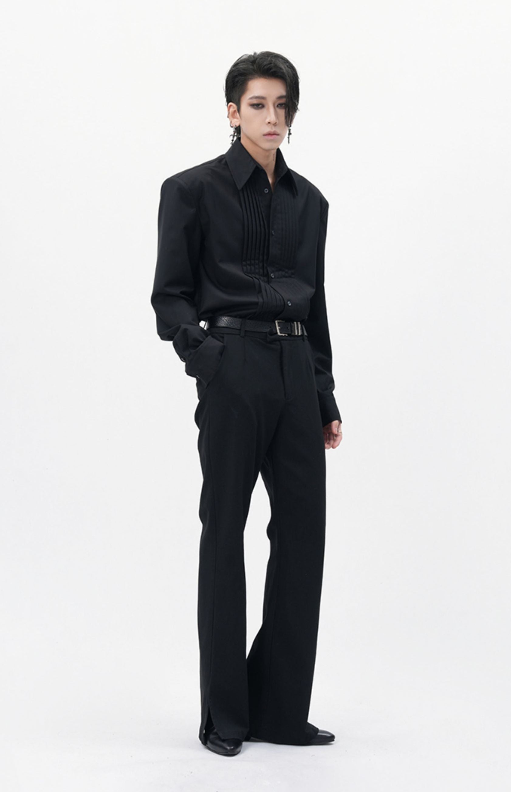 Boxy Pleated Front Pointed Collar Tuxedo Shirt