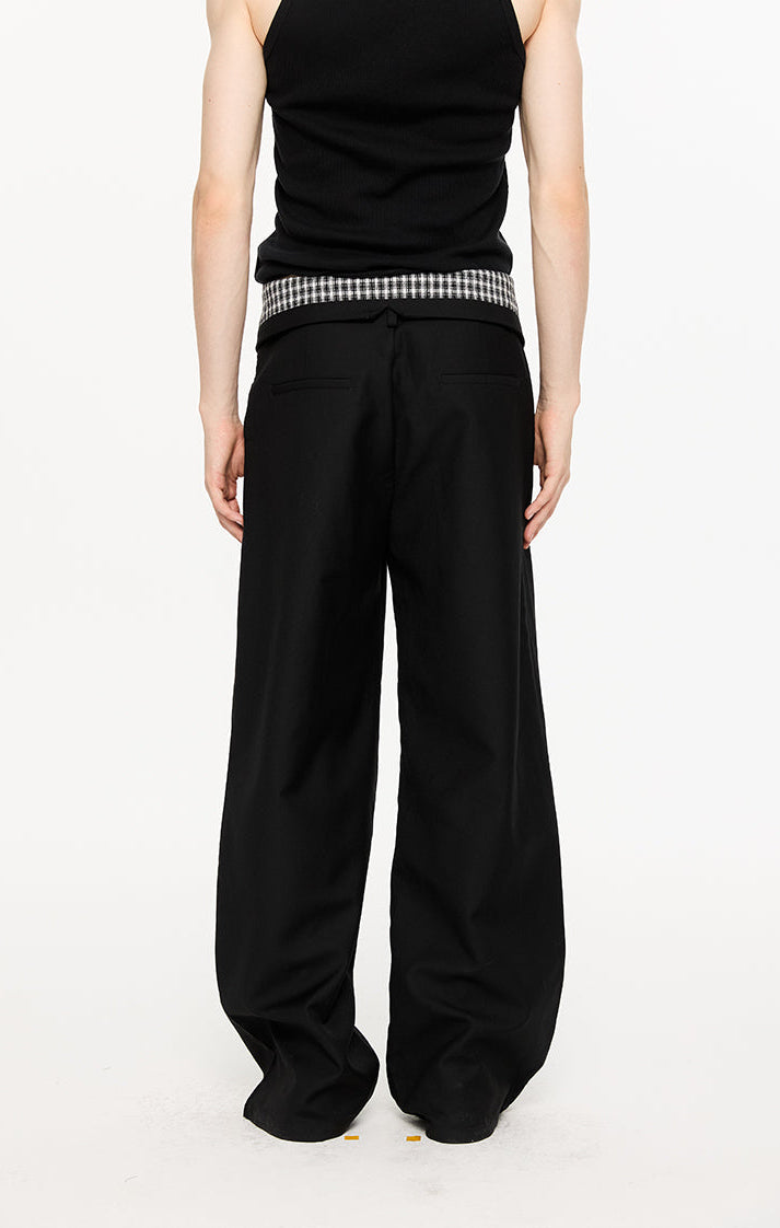 Fold-Over Plaid Pattern Waist Pleated Pants
