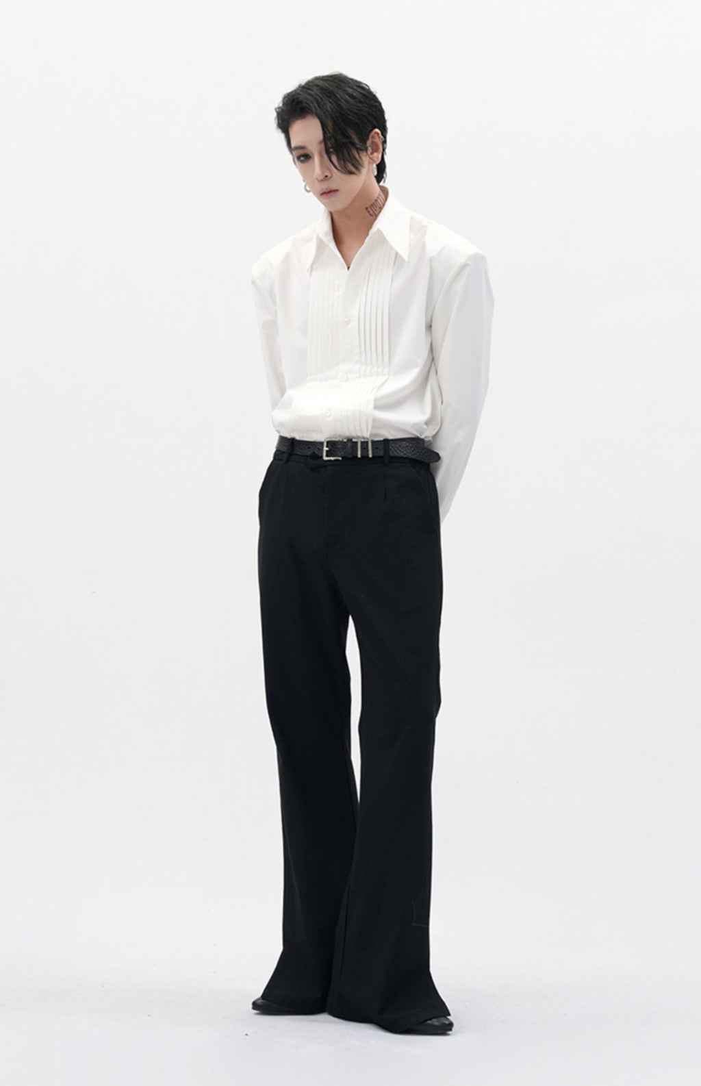 Boxy Pleated Front Pointed Collar Tuxedo Shirt