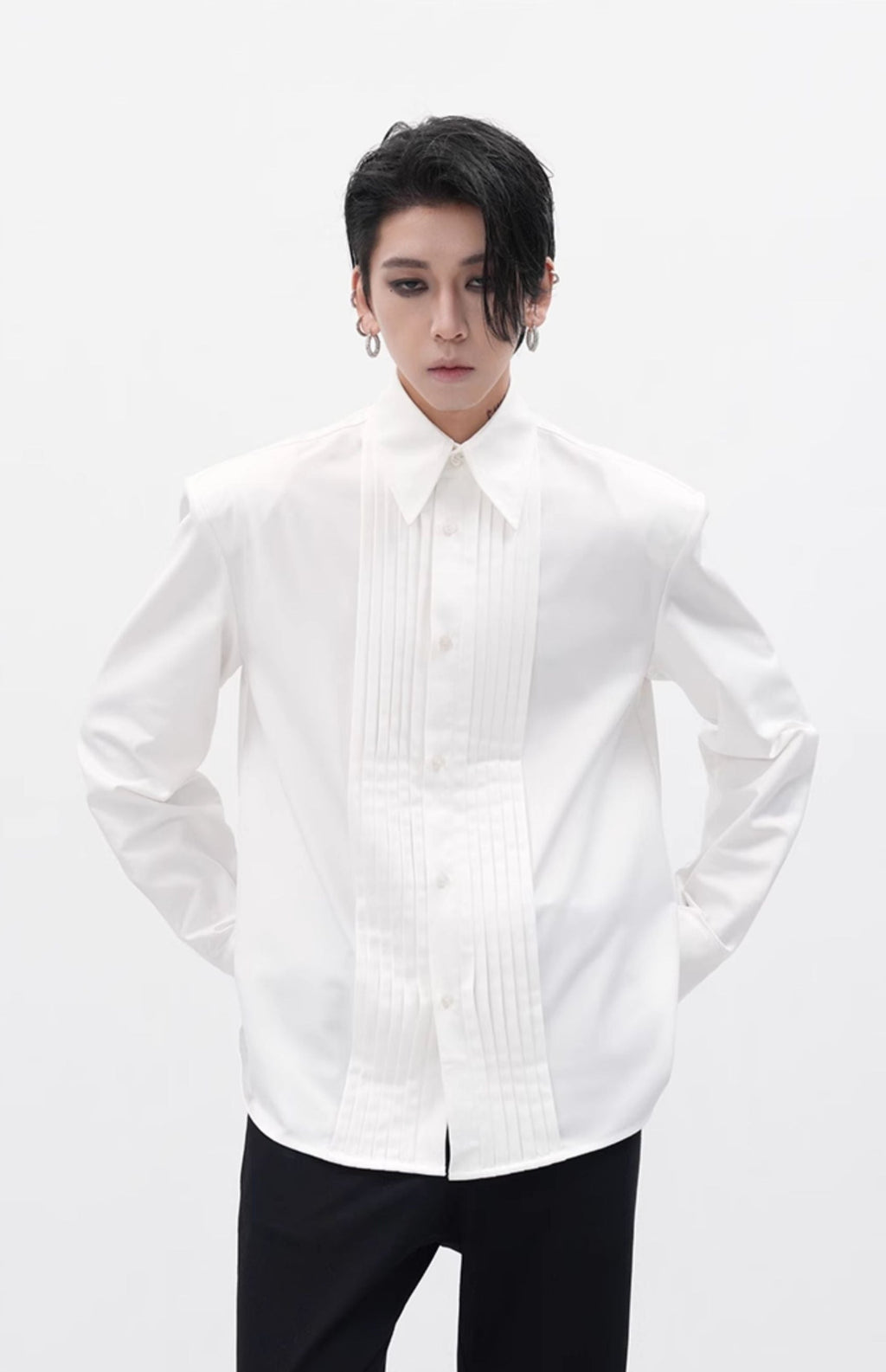 Boxy Pleated Front Pointed Collar Tuxedo Shirt