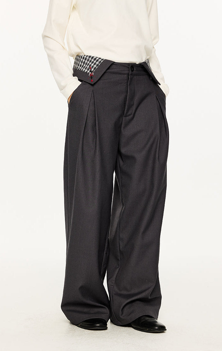 Fold-Over Plaid Pattern Waist Pleated Pants