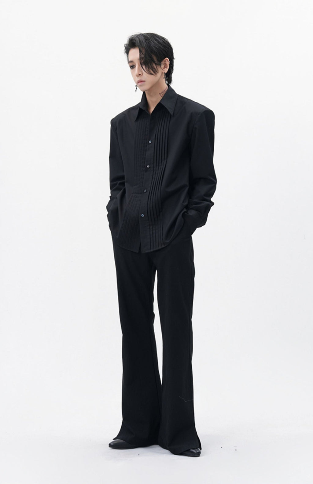 Boxy Pleated Front Pointed Collar Tuxedo Shirt