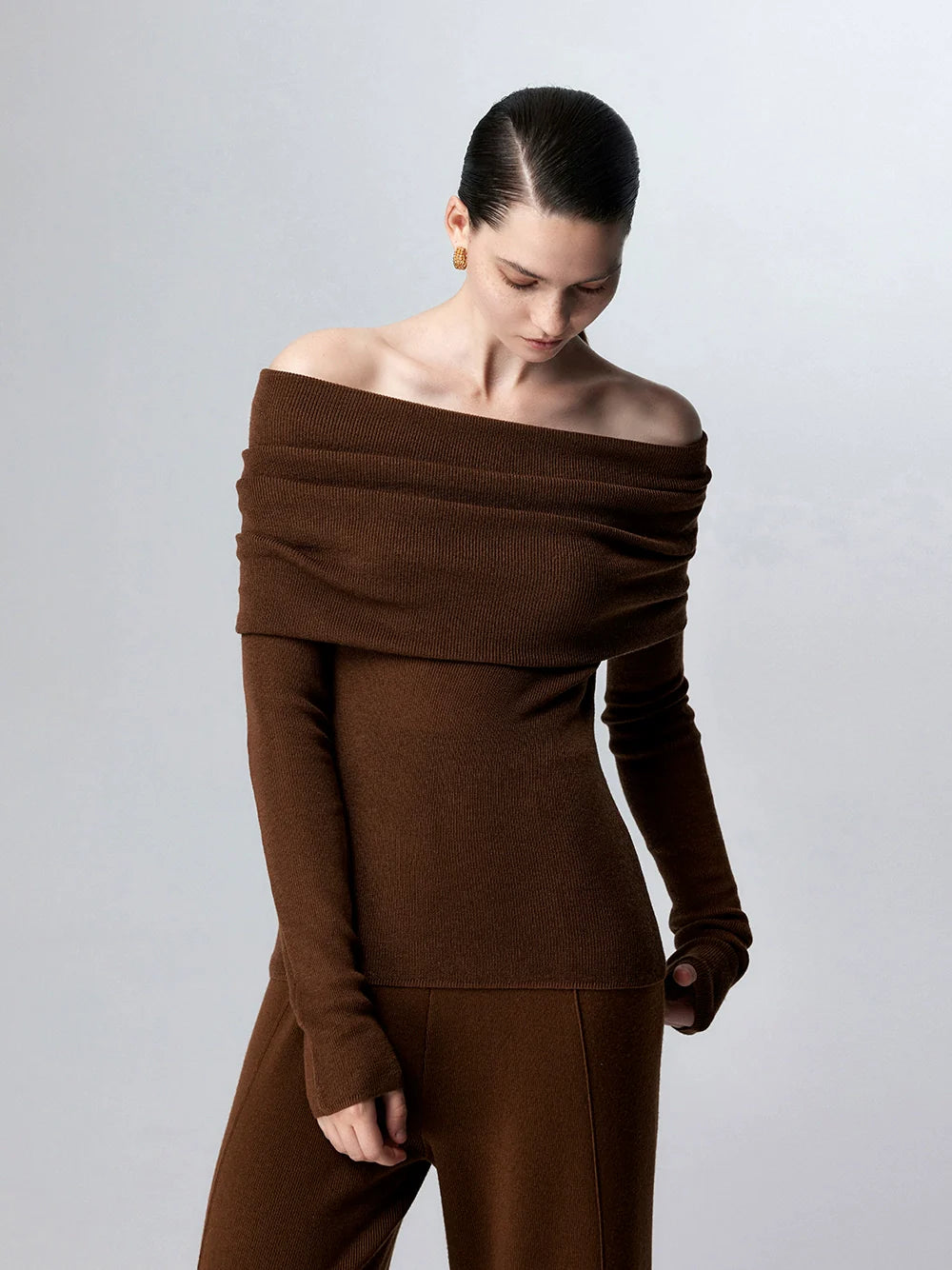 Off-Shoulder Ribbed Knit Long Sleeve Sweater Top