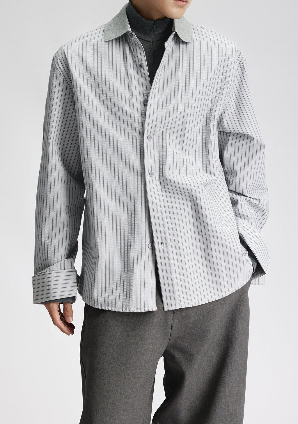 Contrast Collar Pinstripe Long Sleeve Button Shirt