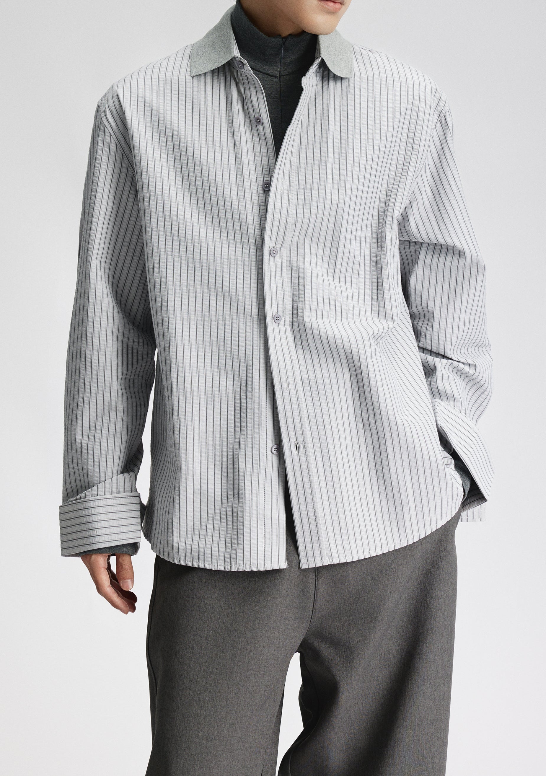 Contrast Collar Pinstripe Long Sleeve Button Shirt