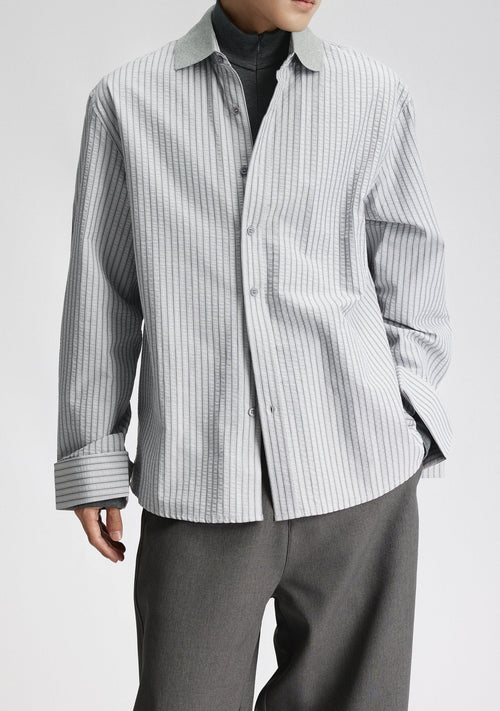 Contrast Collar Pinstripe Long Sleeve Button Shirt