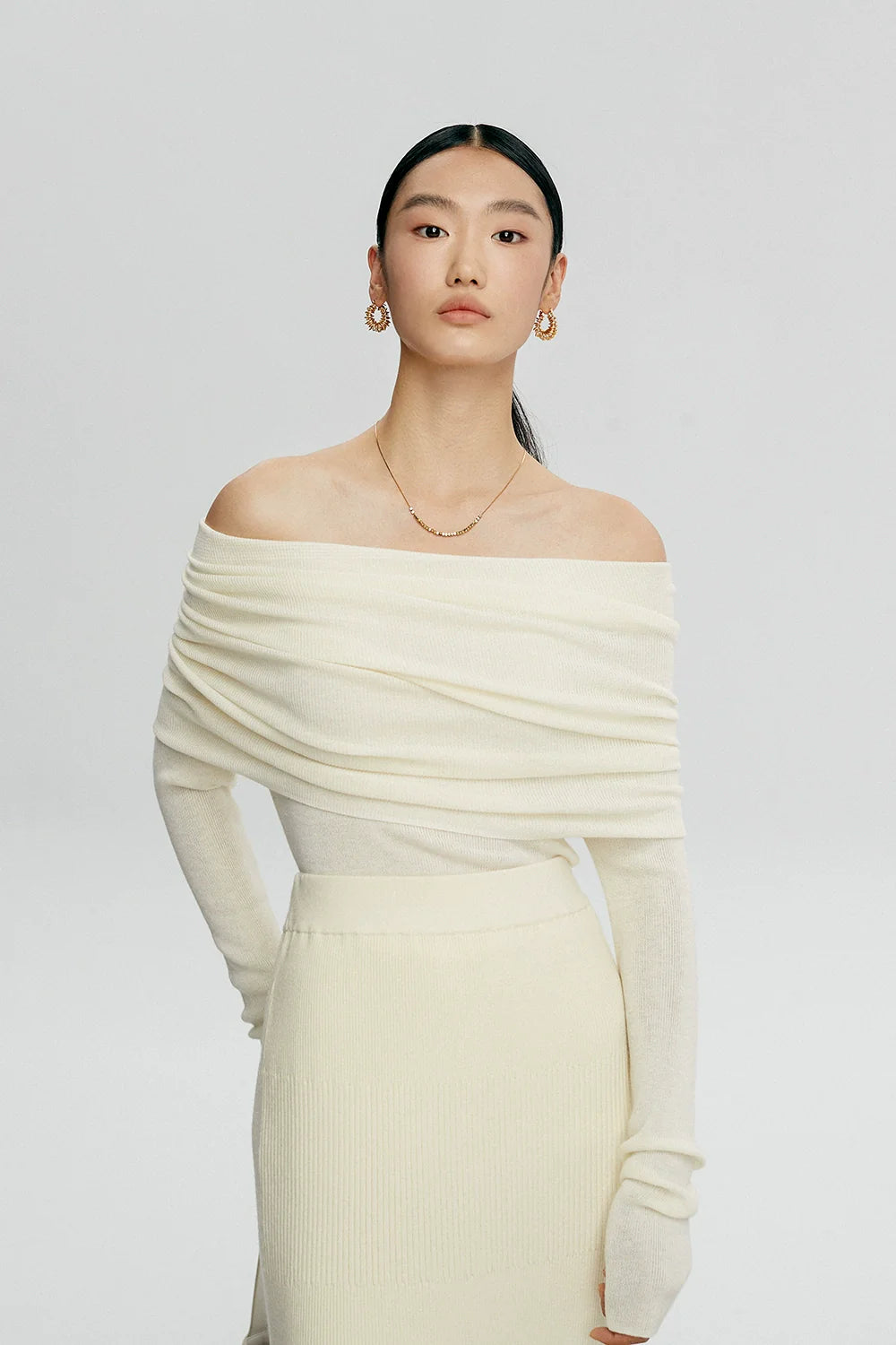 Off-Shoulder Ribbed Knit Long Sleeve Sweater Top