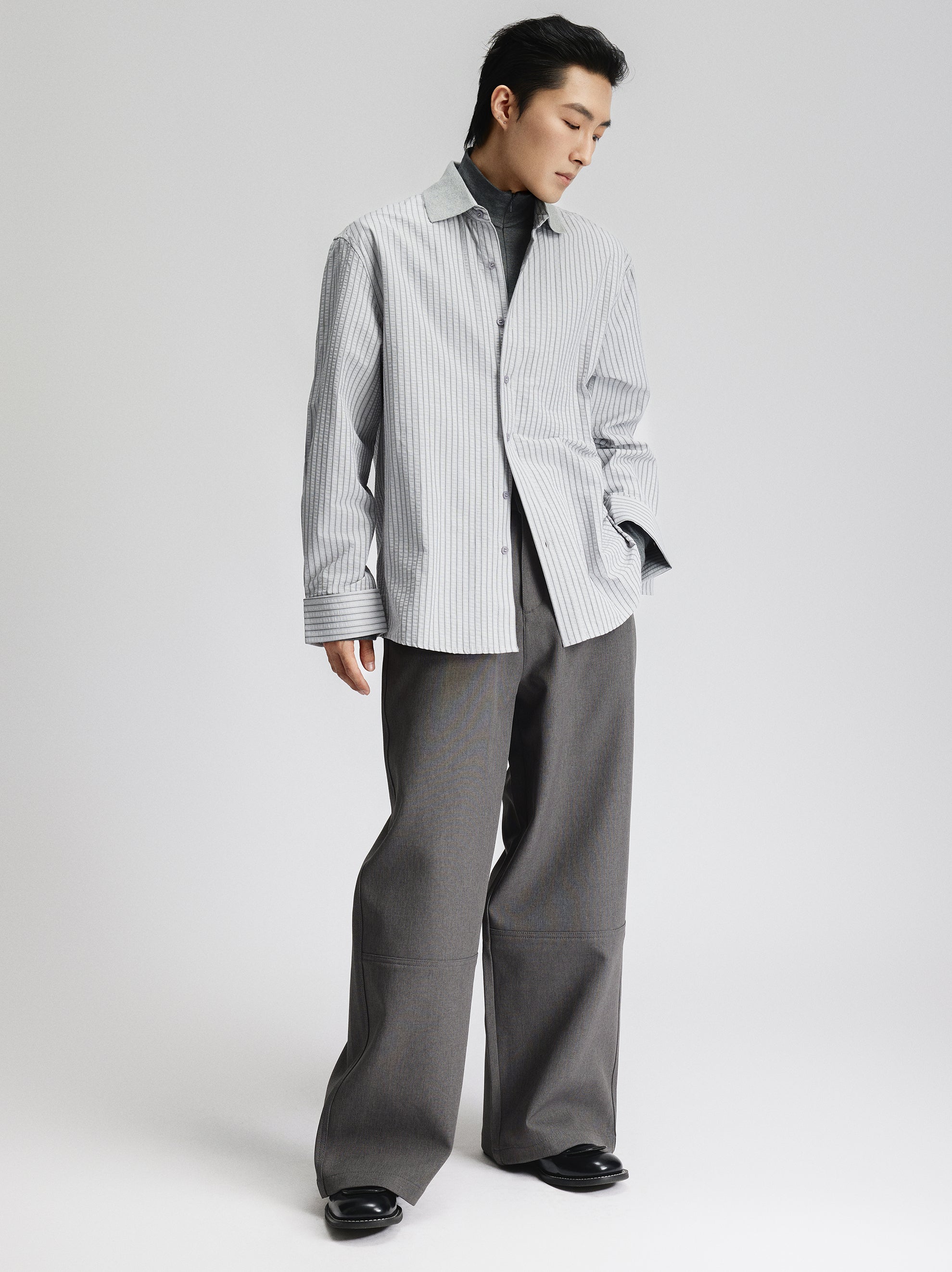 Contrast Collar Pinstripe Long Sleeve Button Shirt