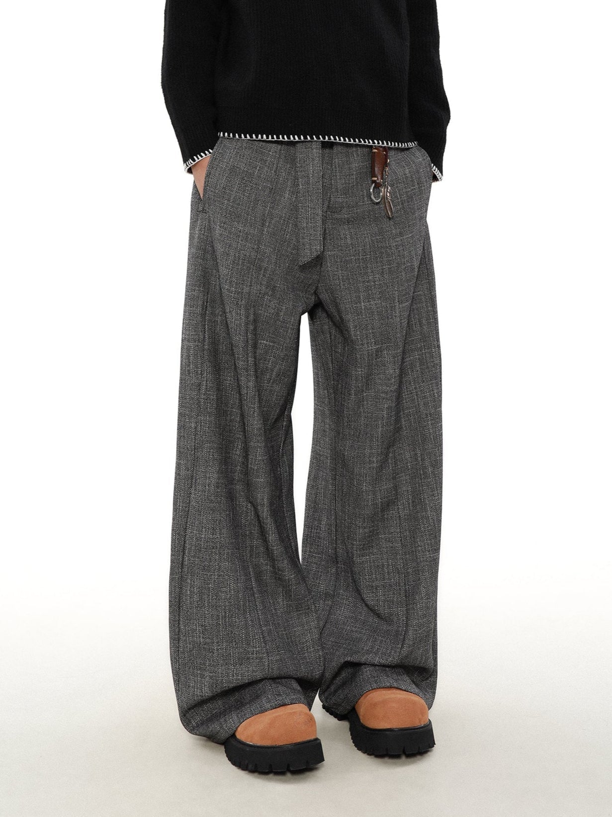 Wide Leg Textured Trousers with Strap Belt