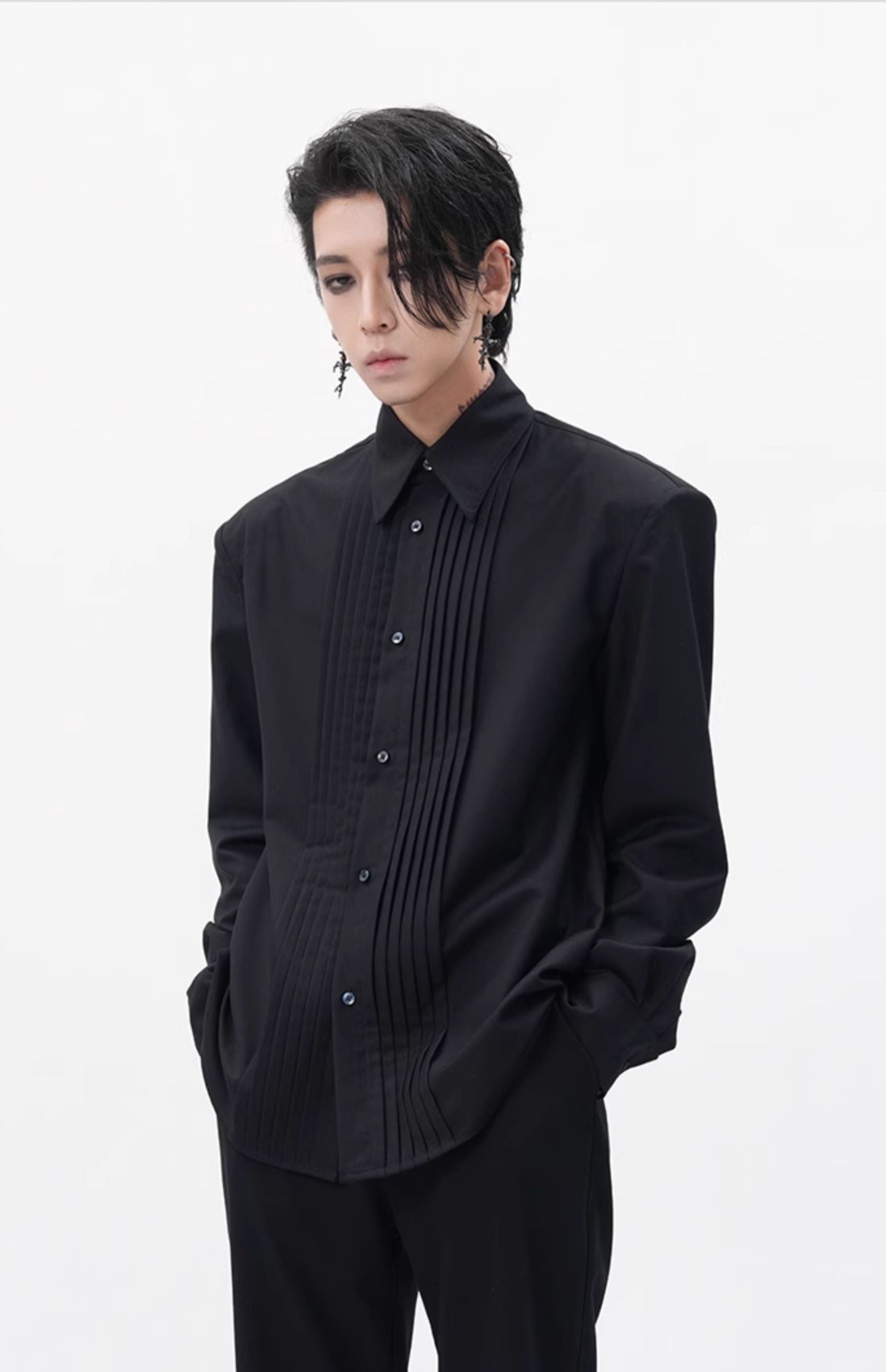 Boxy Pleated Front Pointed Collar Tuxedo Shirt