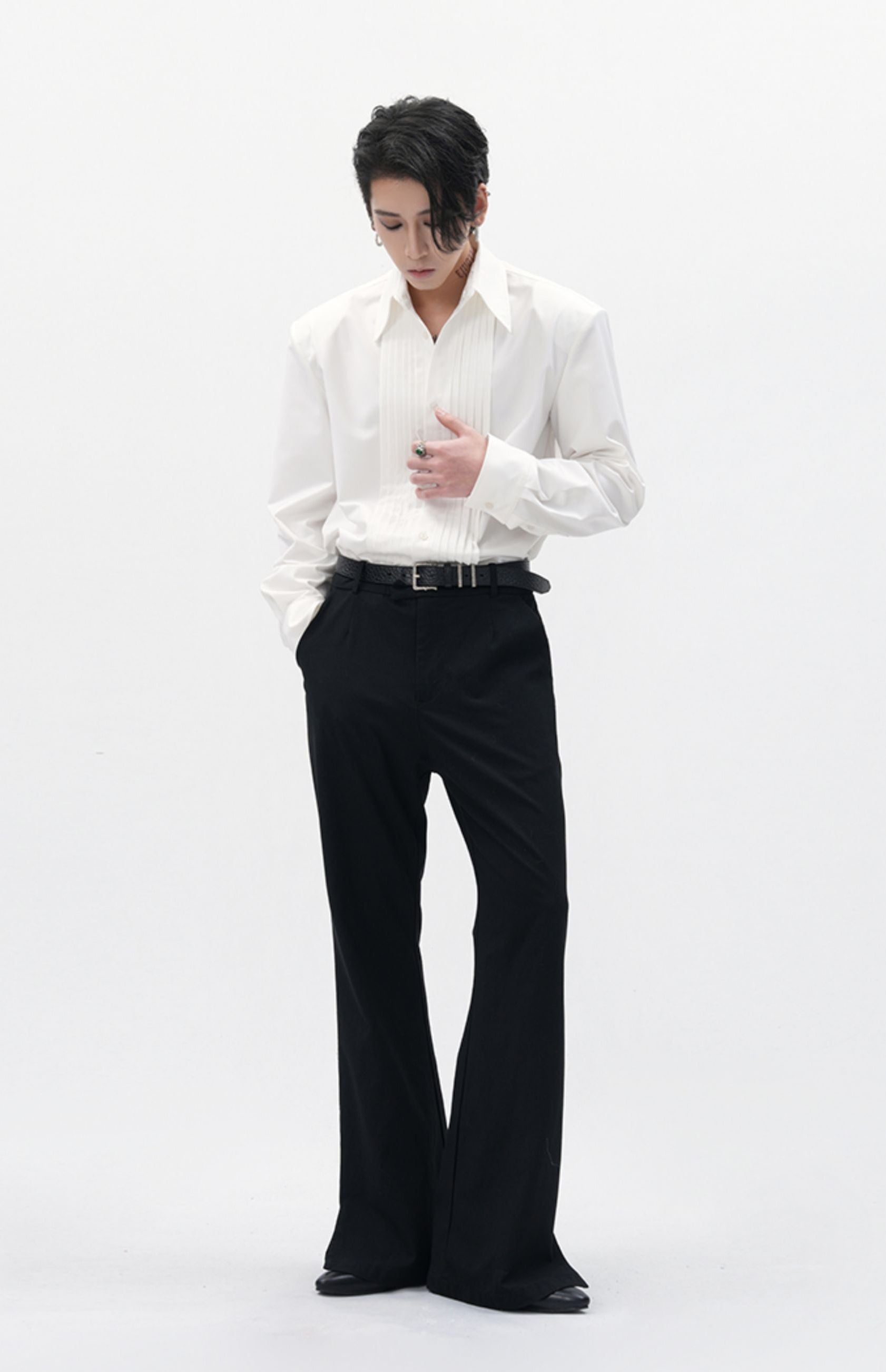 Boxy Pleated Front Pointed Collar Tuxedo Shirt