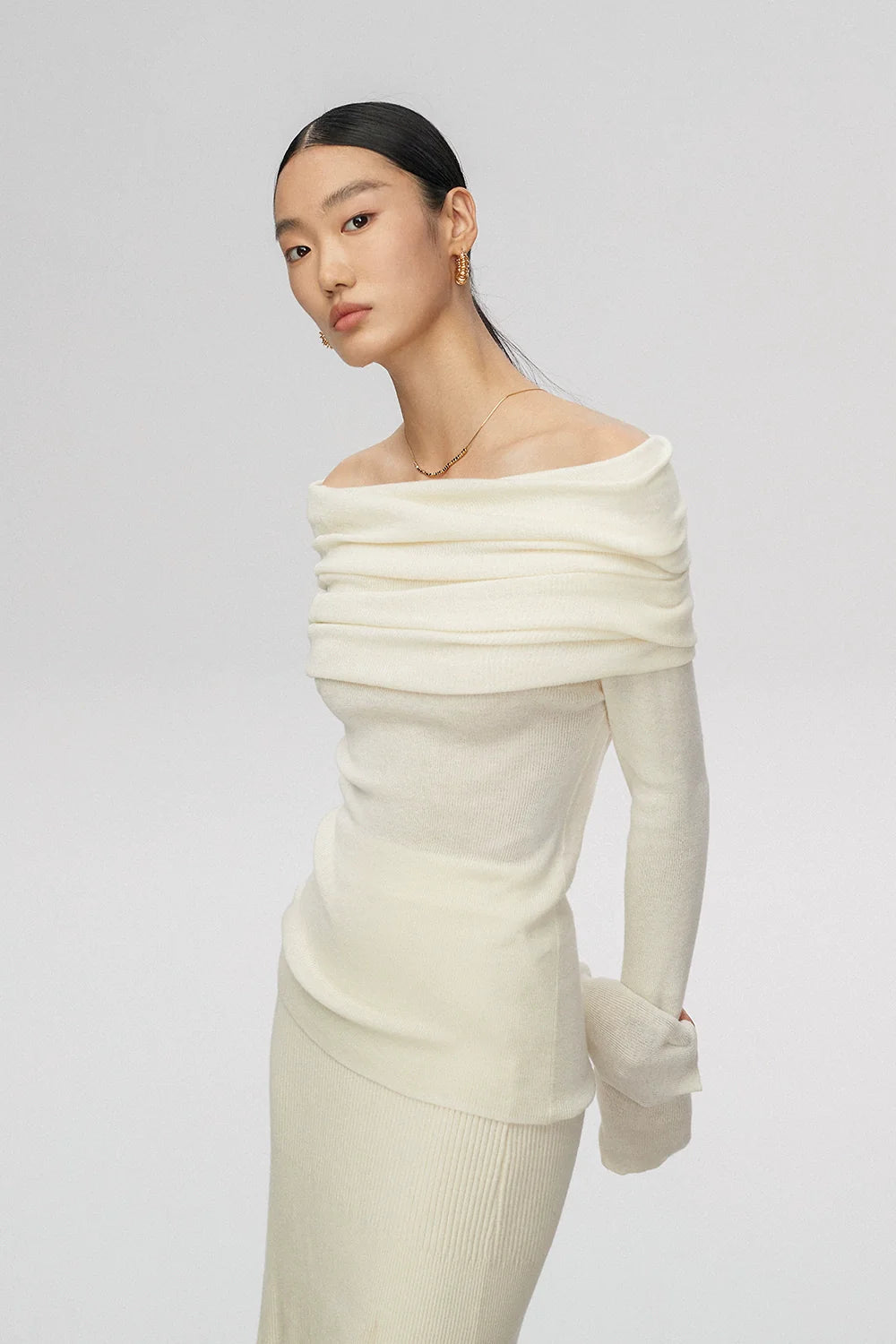 Off-Shoulder Ribbed Knit Long Sleeve Sweater Top