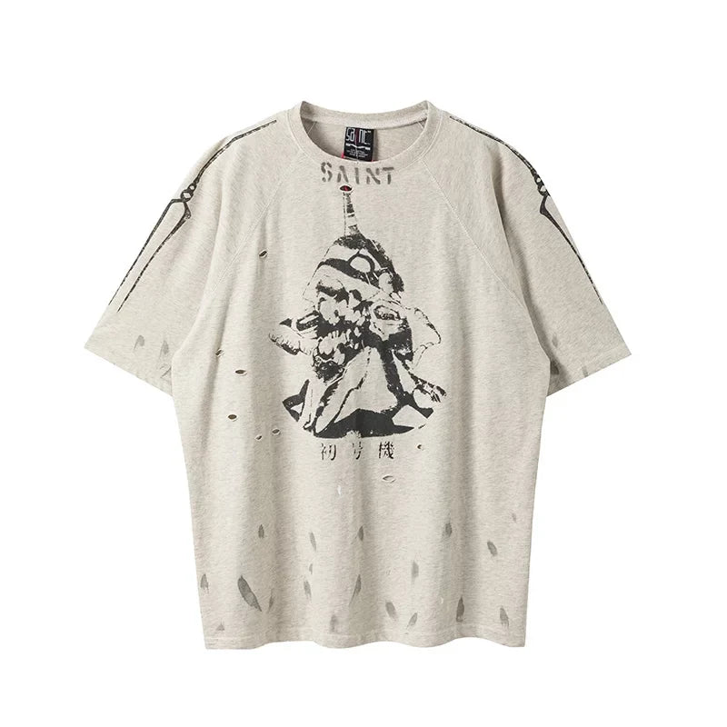 Saint Michael Anime Character & Sleeve Graphic Vintage T-Shirt - Off-White
