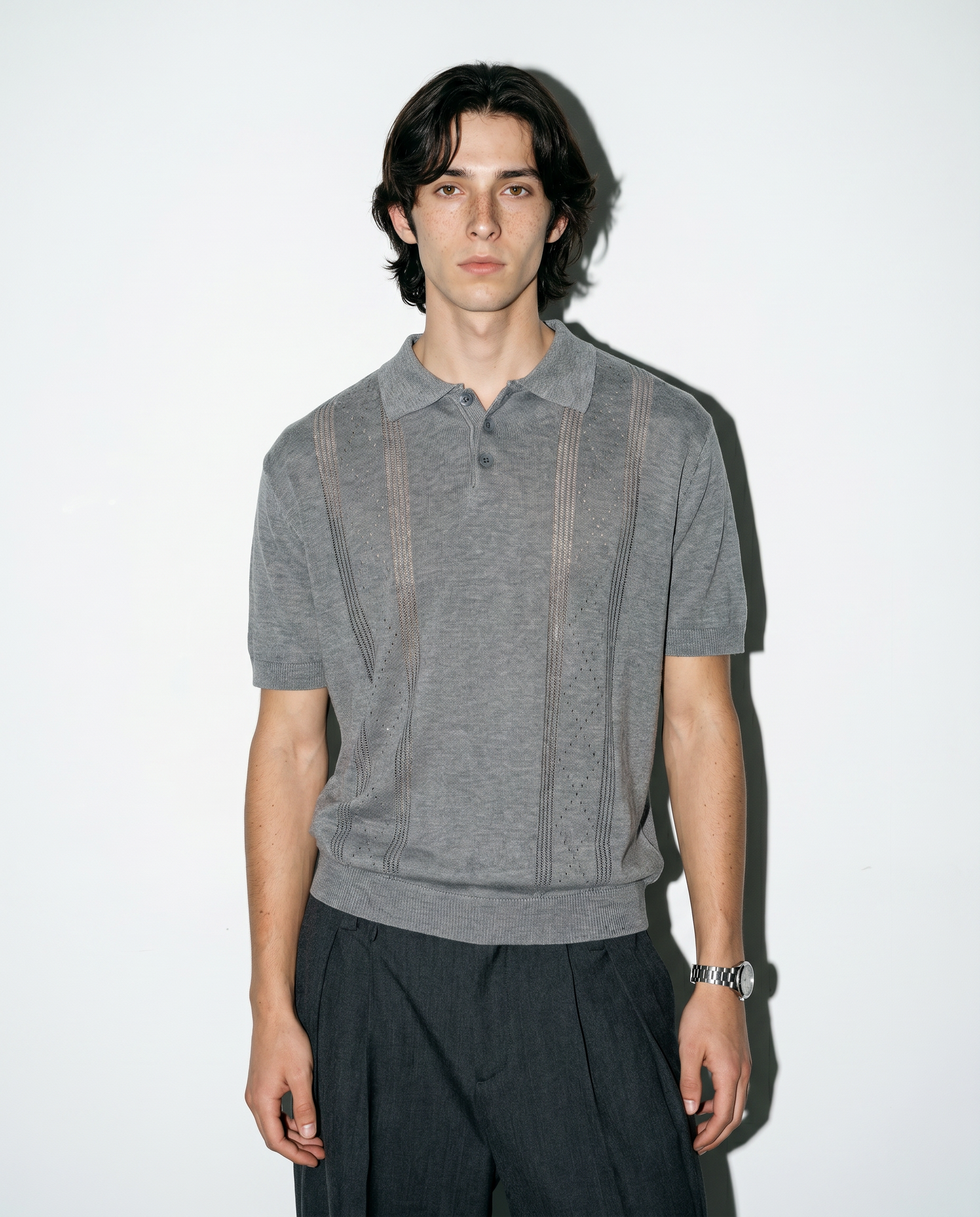 Open Rib Knit Stripe Polo Shirt